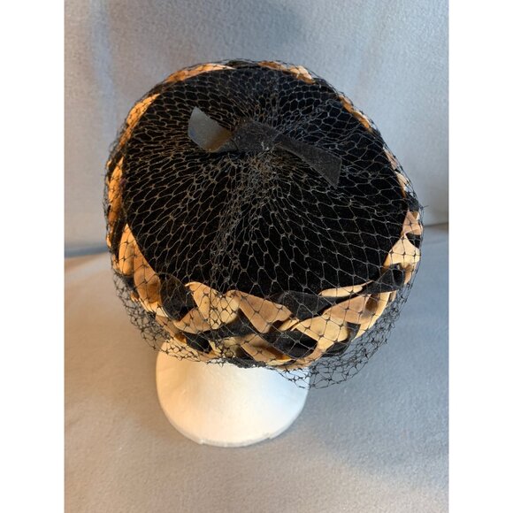 Ladies Black and Brown Velvet Braided Ribbon with Netting Hat Vintage Sz 22 - Picture 2 of 9